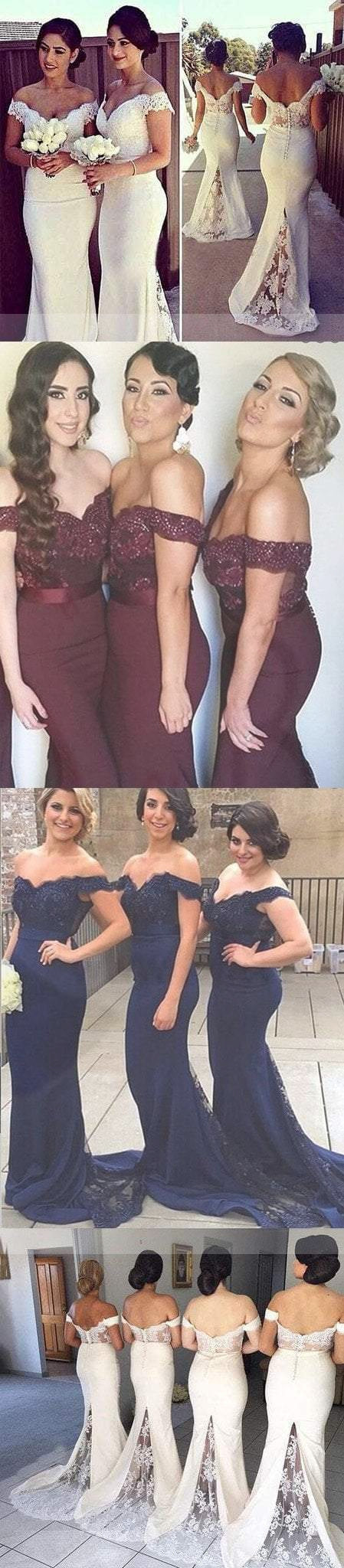 Charming White Long Cap Sleeve Lace Mermaid Sexy Long Bridesmaid Dresses, WG10