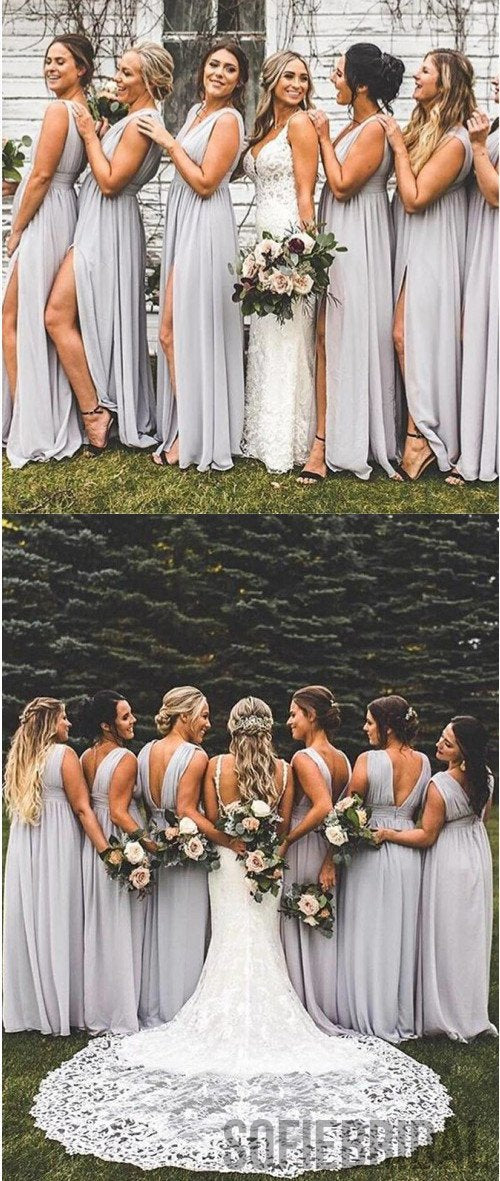 A-Link V-back Sleeveless Chiffon Bridesmaid Dress With Split, BD1010