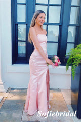 Blush Pink Strapless Soft Satin Mermaid Evening Dress with Side Slit, PD01243