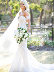 Cheap Mermaid Off Shoulder Lace Long Wedding Dresses Online,SFWD0022