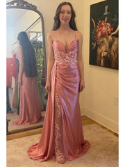 Blush Pink Satin Lace Mermaid Prom Dress | Spaghetti Strap Formal Evening Gown, PD01236