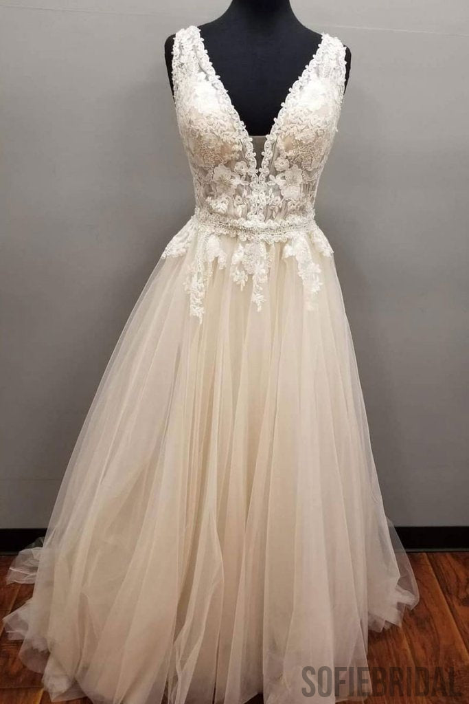 A-line V-neck Appliques Beading Tulle Prom Dresses, PD0989