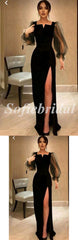 Elegant Black Tulle And Satin Long Sleeve Side Slit Sheath Long Prom Dresses,SFPD0607