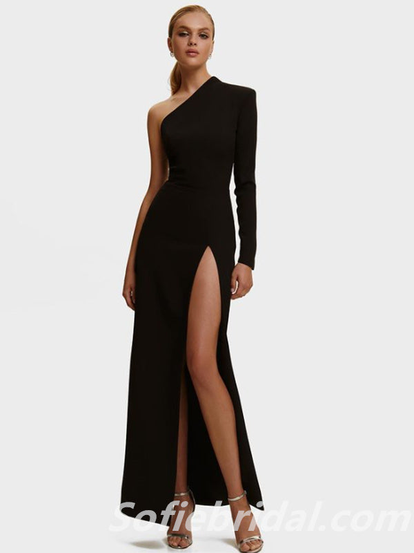 Elegant Black Satin One Sleeve Side Slit Sheath Floor Length Prom Dresses,SFPD0301