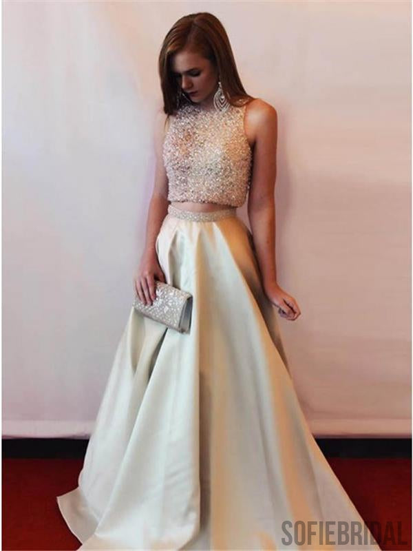 2 Pieces Prom Dresses, Beaded Prom Dresses, Satin Prom Dresses, Cheap Prom Dresses, PD0606