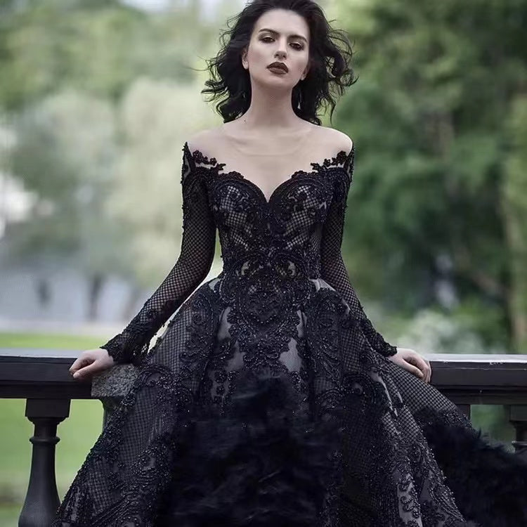 Black Scoop Neckline Long Sleeve V-Neck With Appliques Prom Dresses,SFPD0189