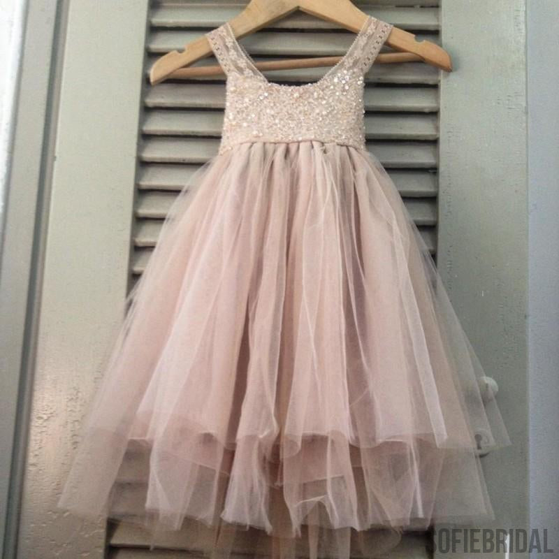 A-line Straps Ankle-length Lace Top Beading Flower Girl Dresses, FG096