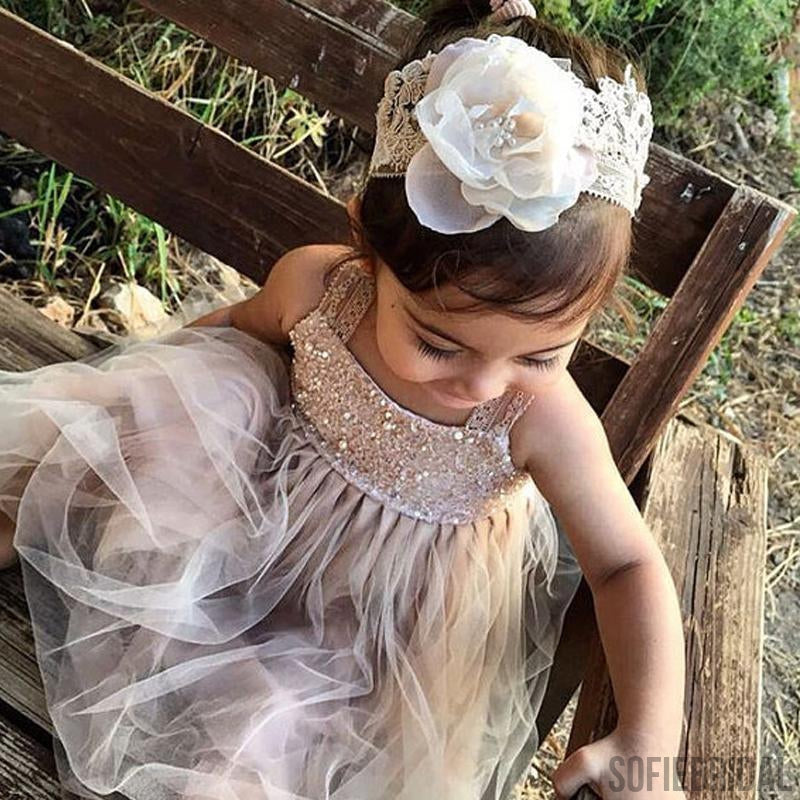 A-line Straps Ankle-length Lace Top Beading Flower Girl Dresses, FG096