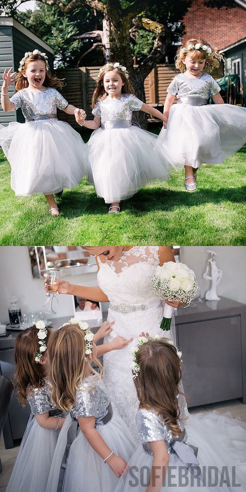 A-line Round Neck Short Sleeves Sequins Top Flower Girl Dresses, FG0101