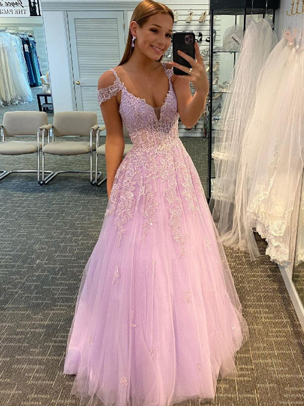 A-line Spaghetti Straps V-neck Lace Long Prom Dresses Online,SFPD0110
