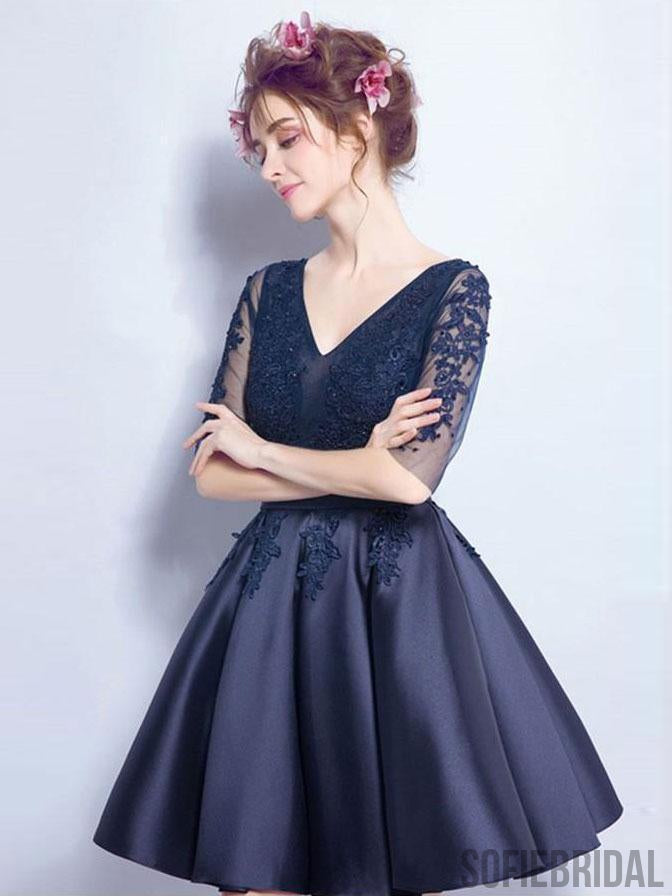 Cheap Short Cute Long Sleeve Lace Navy Homecoming Dresses 2018, CM468