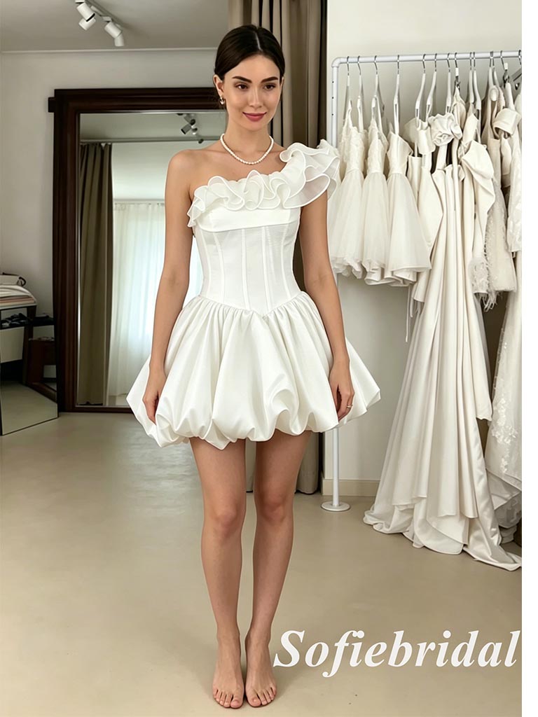 Chic Satin Off Shoulder Ruffle Short A-Line Bridal Dress for Wedding, SFWD0084
