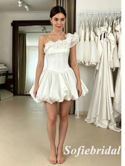 Chic Satin Off Shoulder Ruffle Short A-Line Bridal Dress for Wedding, SFWD0084