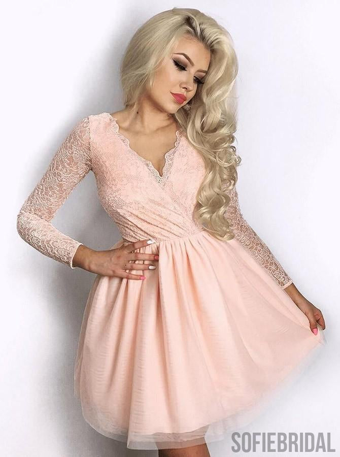 A-line V-neck Long Sleeves Lace Top Short Homecoming Dress, HD0178
