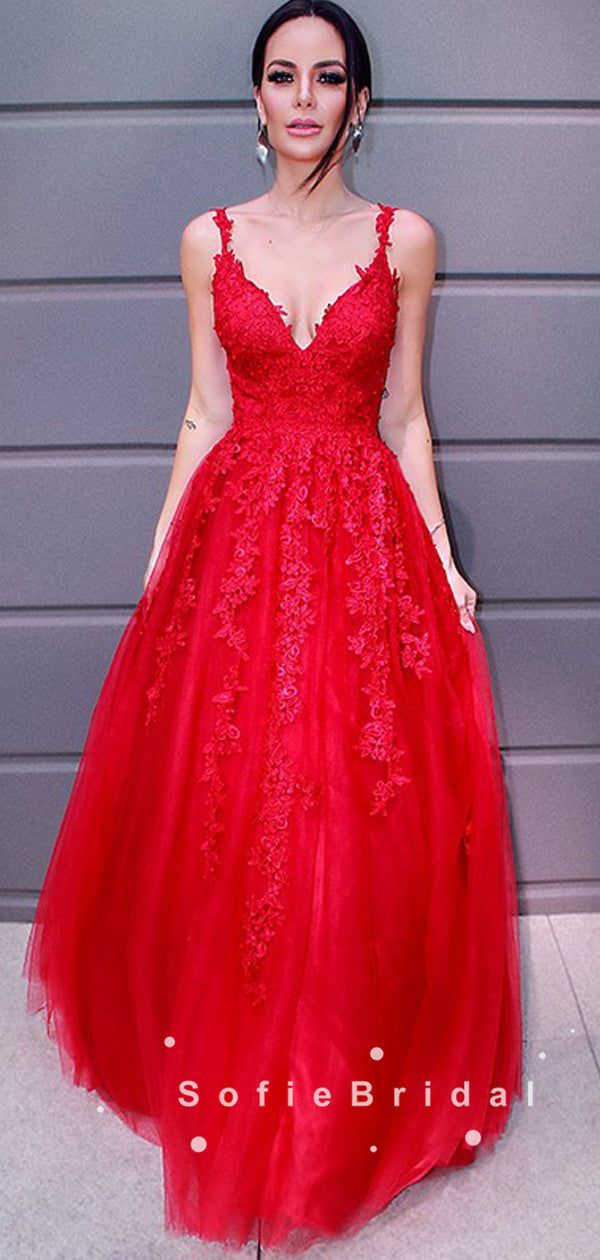A-Line V-Neck Spaghetti Straps Red Tulle Long Prom Dresses With Lace,SFPD0045