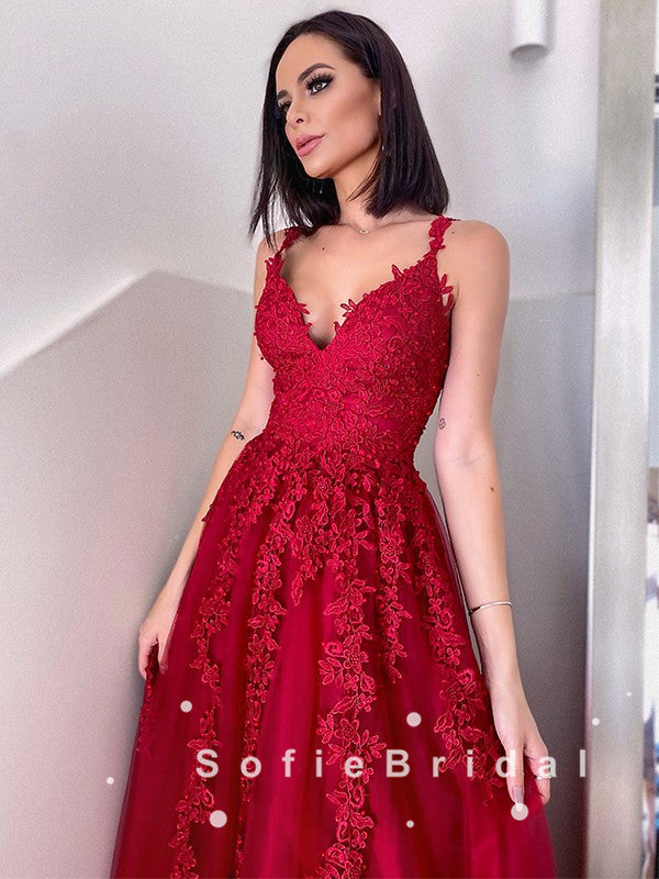 A-Line V-Neck Spaghetti Straps Red Tulle Long Prom Dresses With Lace,SFPD0045