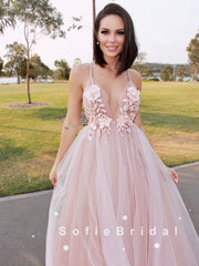 A-Line Deep V-Neck Spaghetti Straps Tulle Prom Dresses With Appliques,SFPD0048