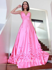 A-Line V-Neck Spaghetti Straps Pink Long Prom Dresses With Flowers,SFPD0058