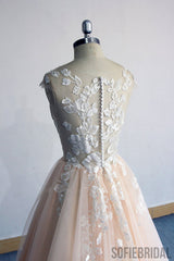 A-line Round Neck Long Tulle Lace Appliques Prom Dresses, PD0095