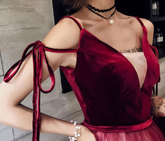 A-line Floor-length V-neck Long Tulle Lace Up Back Prom Dresses, PD0082