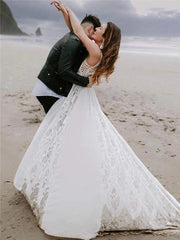 A-line V-neck Spaghetti Straps Lace Long Wedding Dresses, WD0494