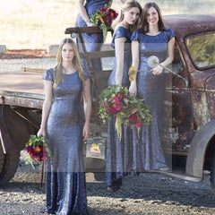 Charming Popular Cap Sleeve Round Neck Royal Blue Sequin Mermaid Long Bridesmaid Dresses, WG61