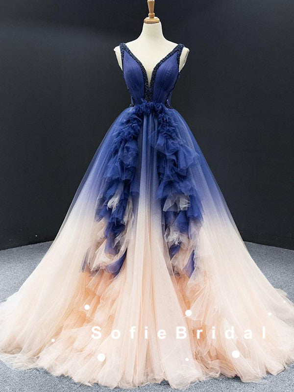 A-Line V-Neck Sleeveless Ombre Tulle Long Prom Dresses With Beading,SFPD0062