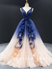 A-Line V-Neck Sleeveless Ombre Tulle Long Prom Dresses With Beading,SFPD0062