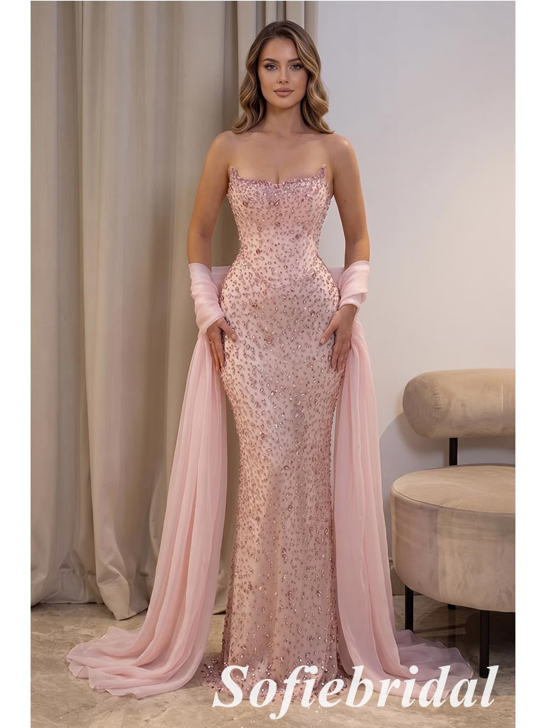 Blush Pink Crystal Mermaid Gown With Beading, PD01285