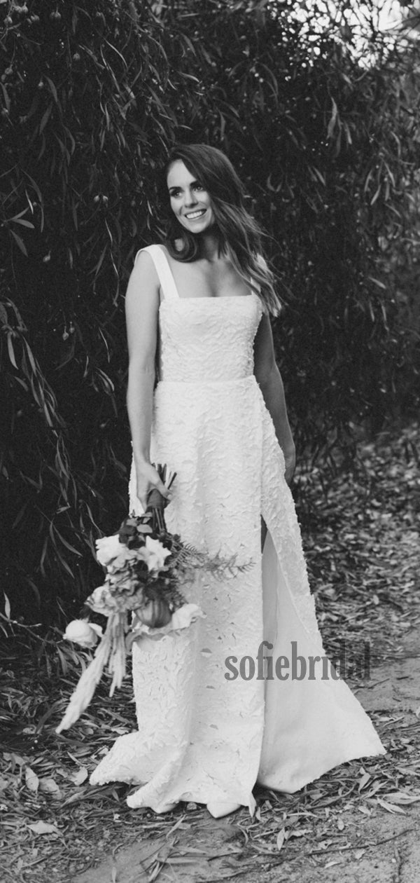 Cheap Spaghetti Straps Lace Side Slit Long Wedding Dresses Online,SFWD0027