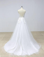 Elegant Backless Lace V Neck Tulle A-line Cheap Wedding Dresses Online, WD390