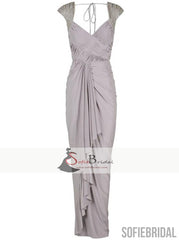 Cap Sleeve Beaded Jersey Grey Bridesmaid Dresses, Long Bridesmaid Dresses, Cheap Bridesmaid Dresses, PD0489
