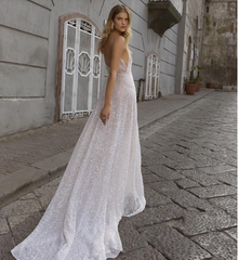 A-line Spaghetti Straps V-neck Sexy Long Prom Dresses, PD1026