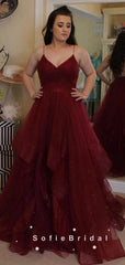 A-Line V-Neck Spaghetti Straps Burgundy Tulle Cheap Long Prom Dresses,SFPD0085