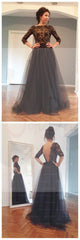 Black Lace Half Sleeve Sexy V-back Long A-line Tulle Prom Dresses, PD0305