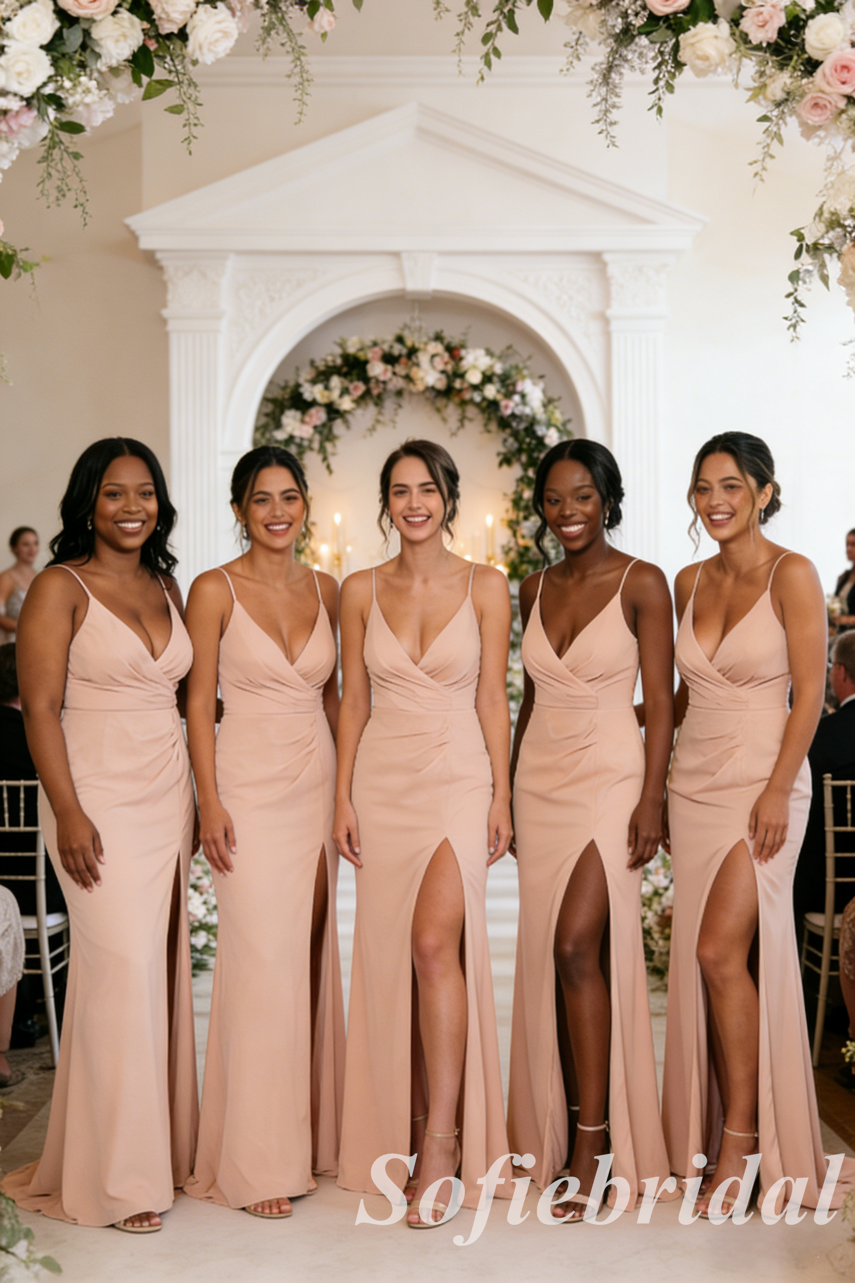 Blush Spaghetti Strap Bridesmaid Dress V-Neck High Slit Jersey Wedding Guest Gown, SFWG00622