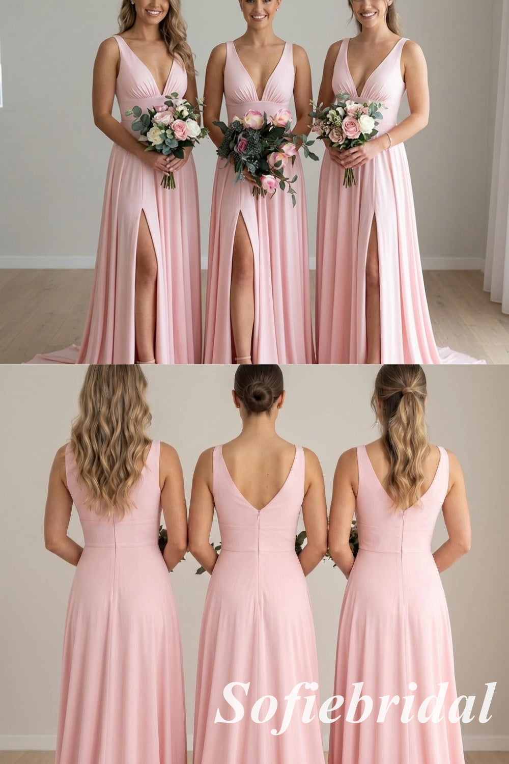 Blushing-Pink V-Neck Chiffon A-Line Bridesmaid Dresses with Slit, SFWG00632