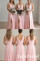 Blushing-Pink V-Neck Chiffon A-Line Bridesmaid Dresses with Slit, SFWG00632