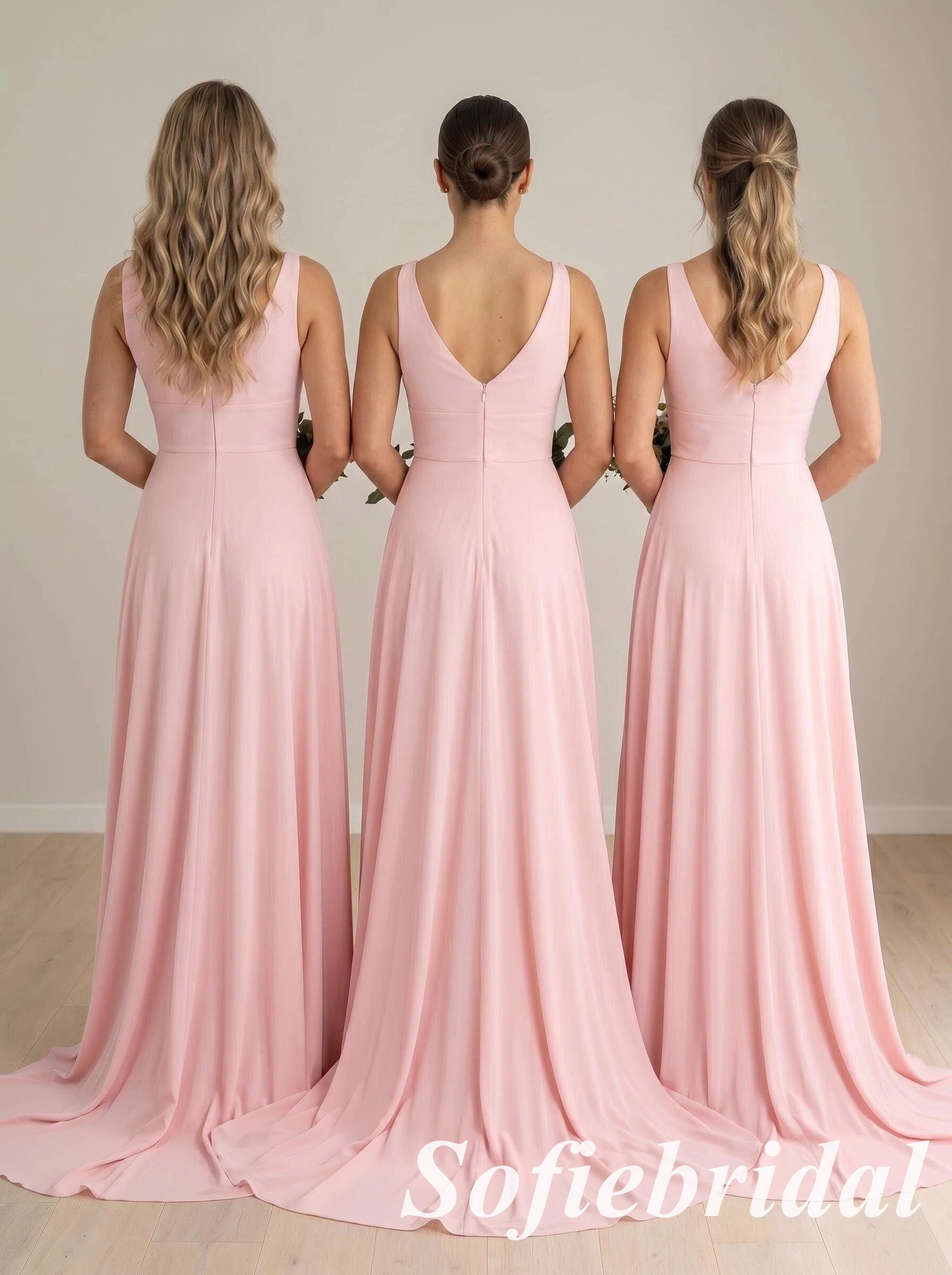 Blushing-Pink V-Neck Chiffon A-Line Bridesmaid Dresses with Slit, SFWG00632