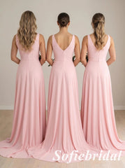 Blushing-Pink V-Neck Chiffon A-Line Bridesmaid Dresses with Slit, SFWG00632