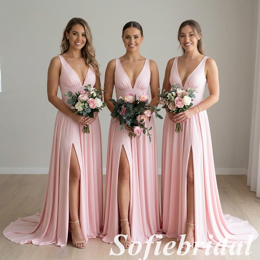 Blushing-Pink V-Neck Chiffon A-Line Bridesmaid Dresses with Slit, SFWG00632