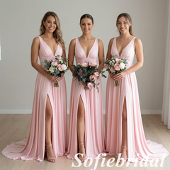 Blushing-Pink V-Neck Chiffon A-Line Bridesmaid Dresses with Slit, SFWG00632