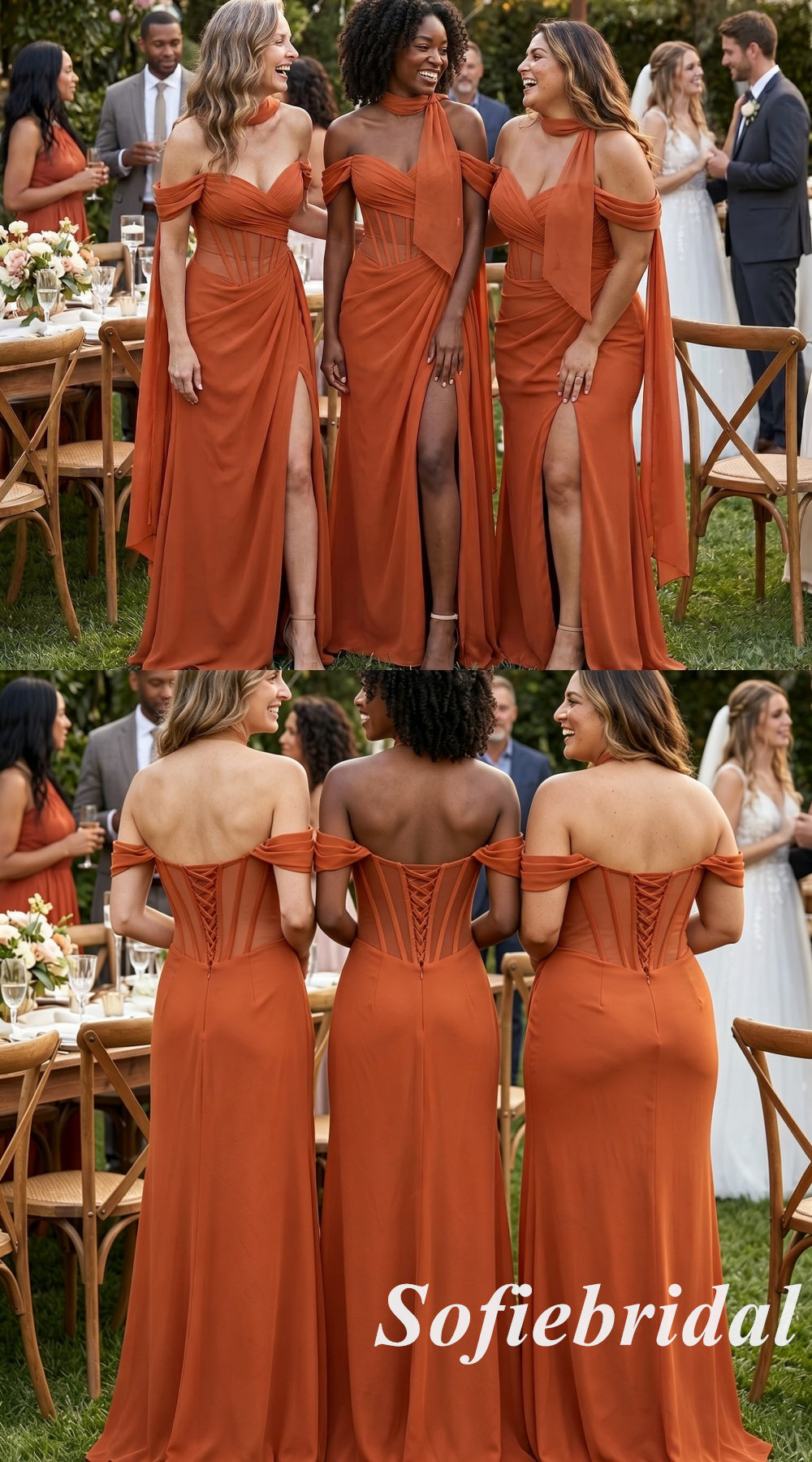 Burnt Orange Chiffon Off Shoulder Corset Side Slit Mermaid Bridesmaid Dress, SFWG00639