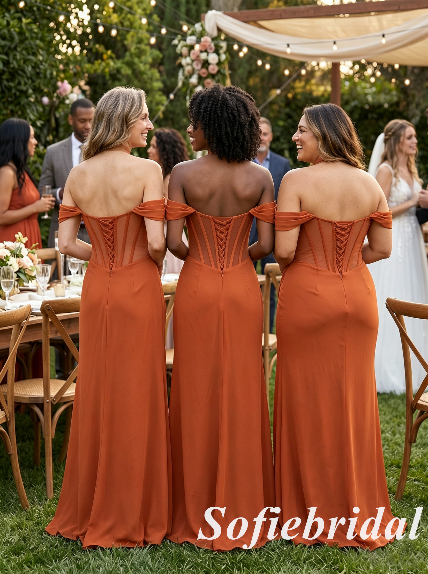 Burnt Orange Chiffon Off Shoulder Corset Side Slit Mermaid Bridesmaid Dress, SFWG00639