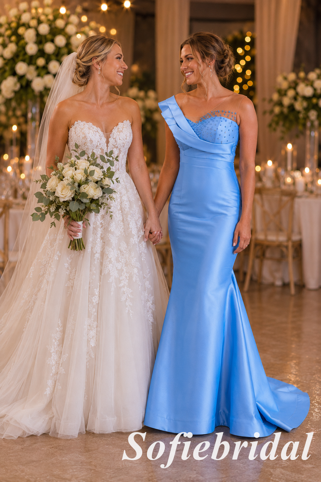 Elegant Blue Satin Bridesmaid Dress Mermaid With Beaded Bodice, SFWG00640