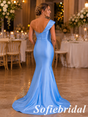 Elegant Blue Satin Bridesmaid Dress Mermaid With Beaded Bodice, SFWG00640