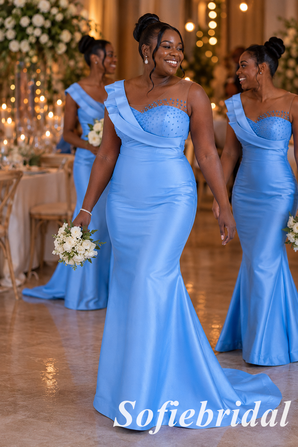 Elegant Blue Satin Bridesmaid Dress Mermaid With Beaded Bodice, SFWG00640