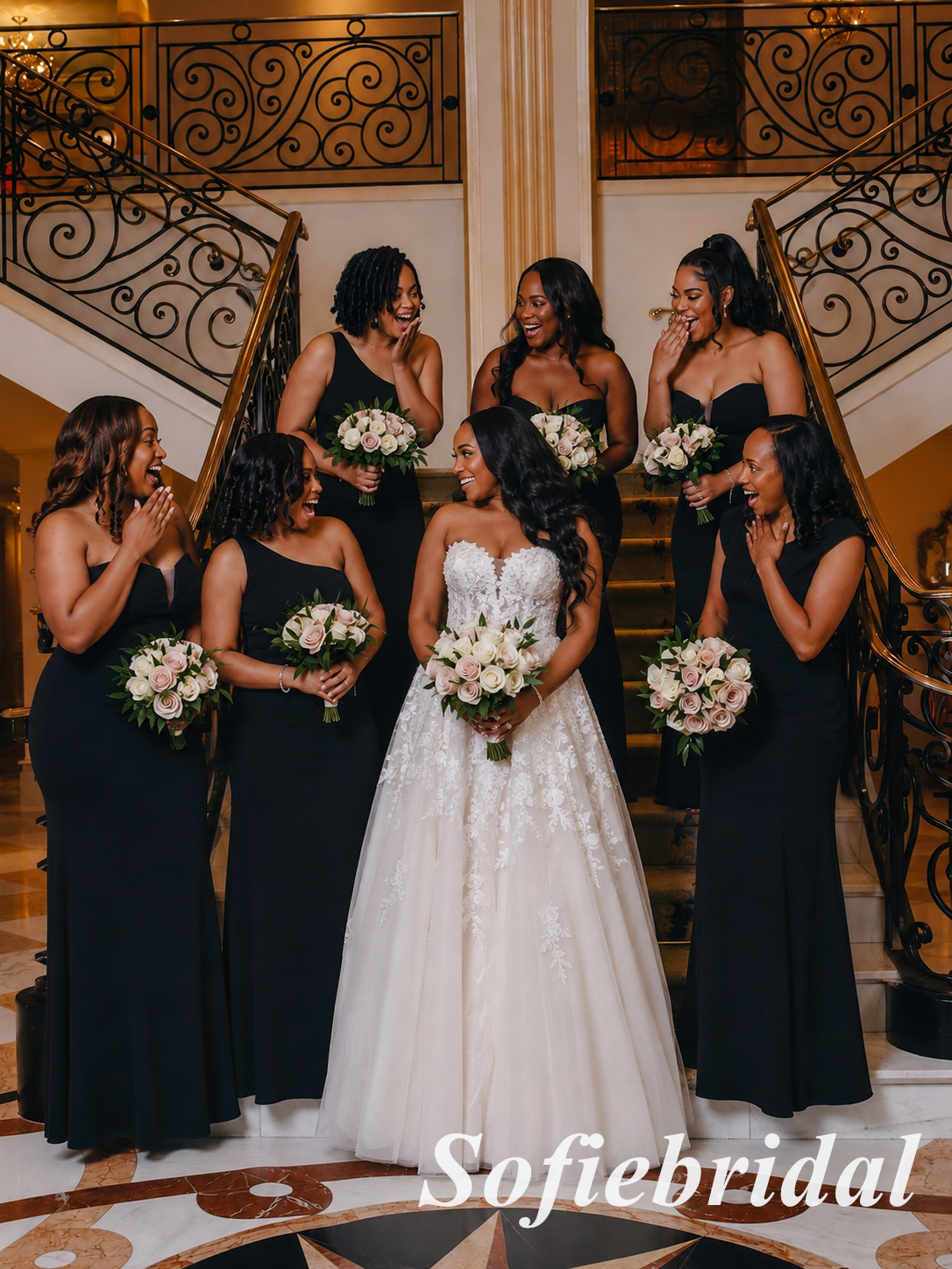 Black Mismatched Satin Mermaid Floor Length Bridesmaid Dresses, SFWG00642
