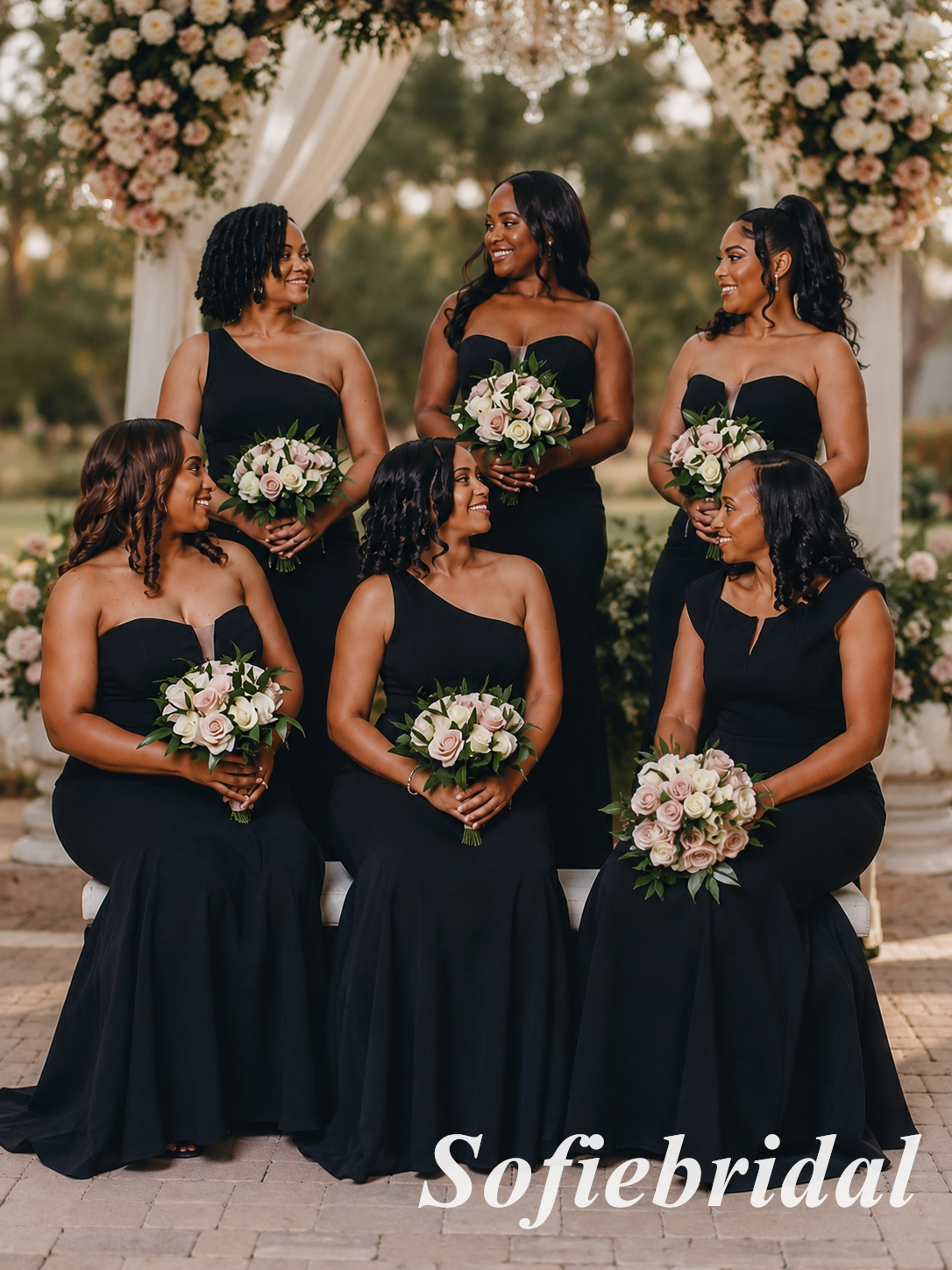Black Mismatched Satin Mermaid Floor Length Bridesmaid Dresses, SFWG00642