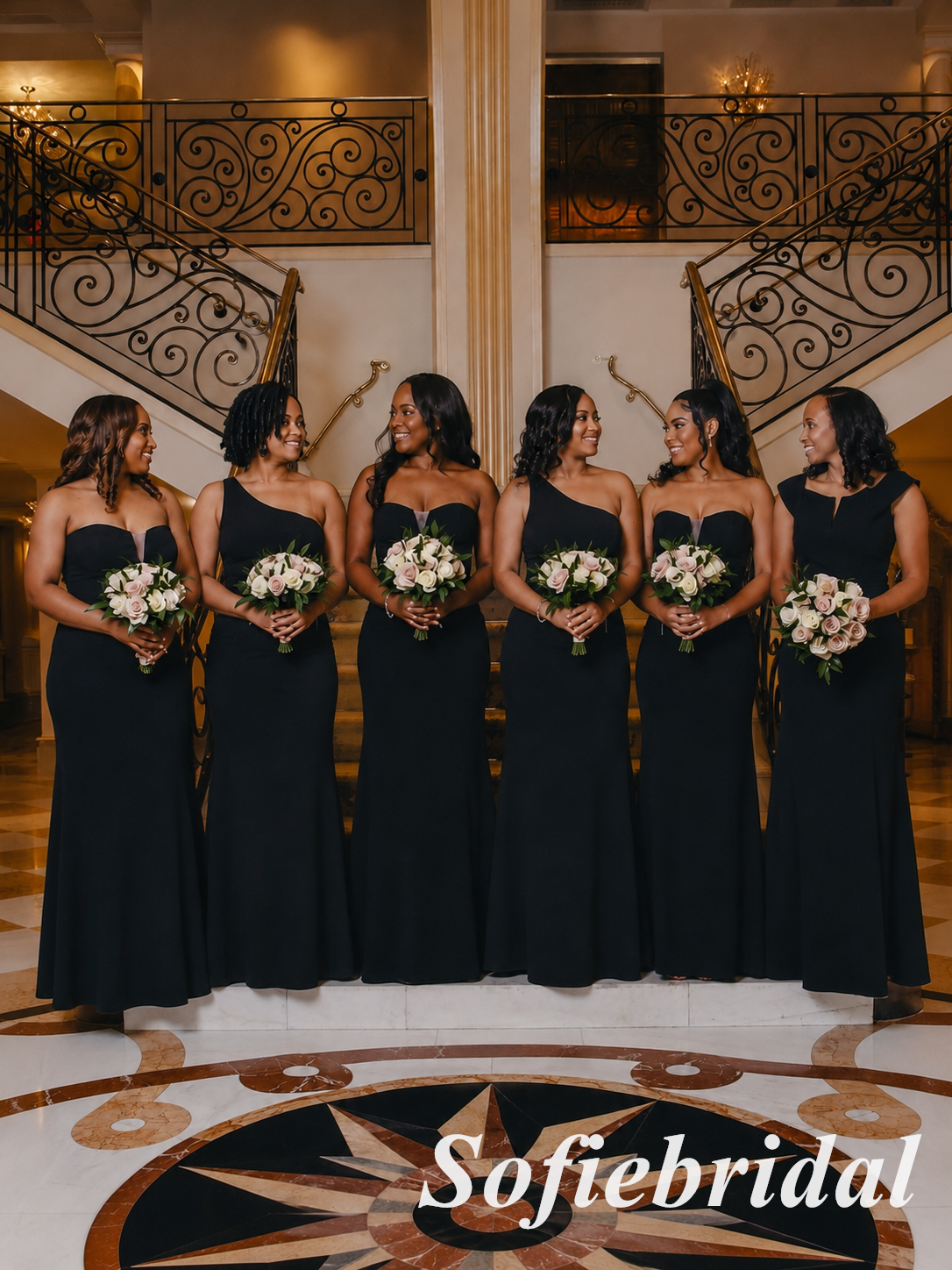 Black Mismatched Satin Mermaid Floor Length Bridesmaid Dresses, SFWG00642
